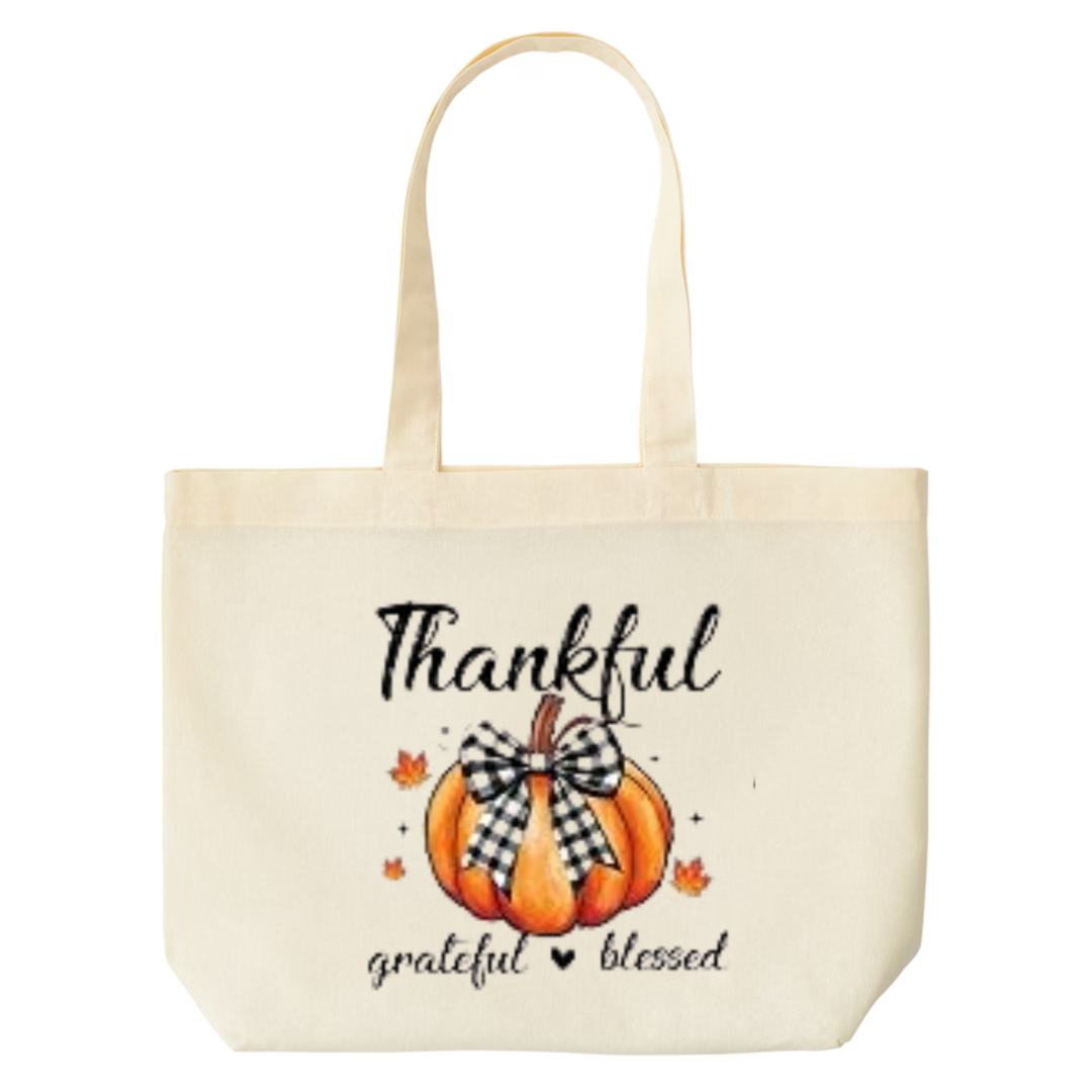 Thankful Grateful Blessed design on natural canvas tote