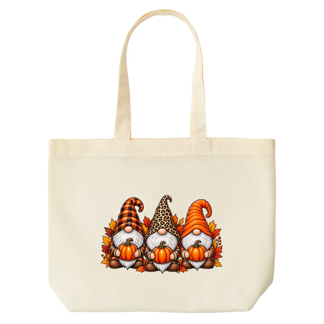 Fall Gnomes design on natural canvas tote