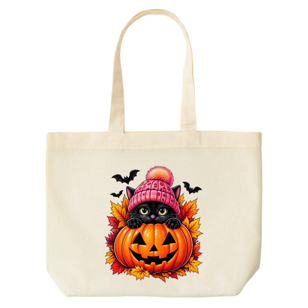 Black Cat Jack-O-Lantern design on natural canvas tote