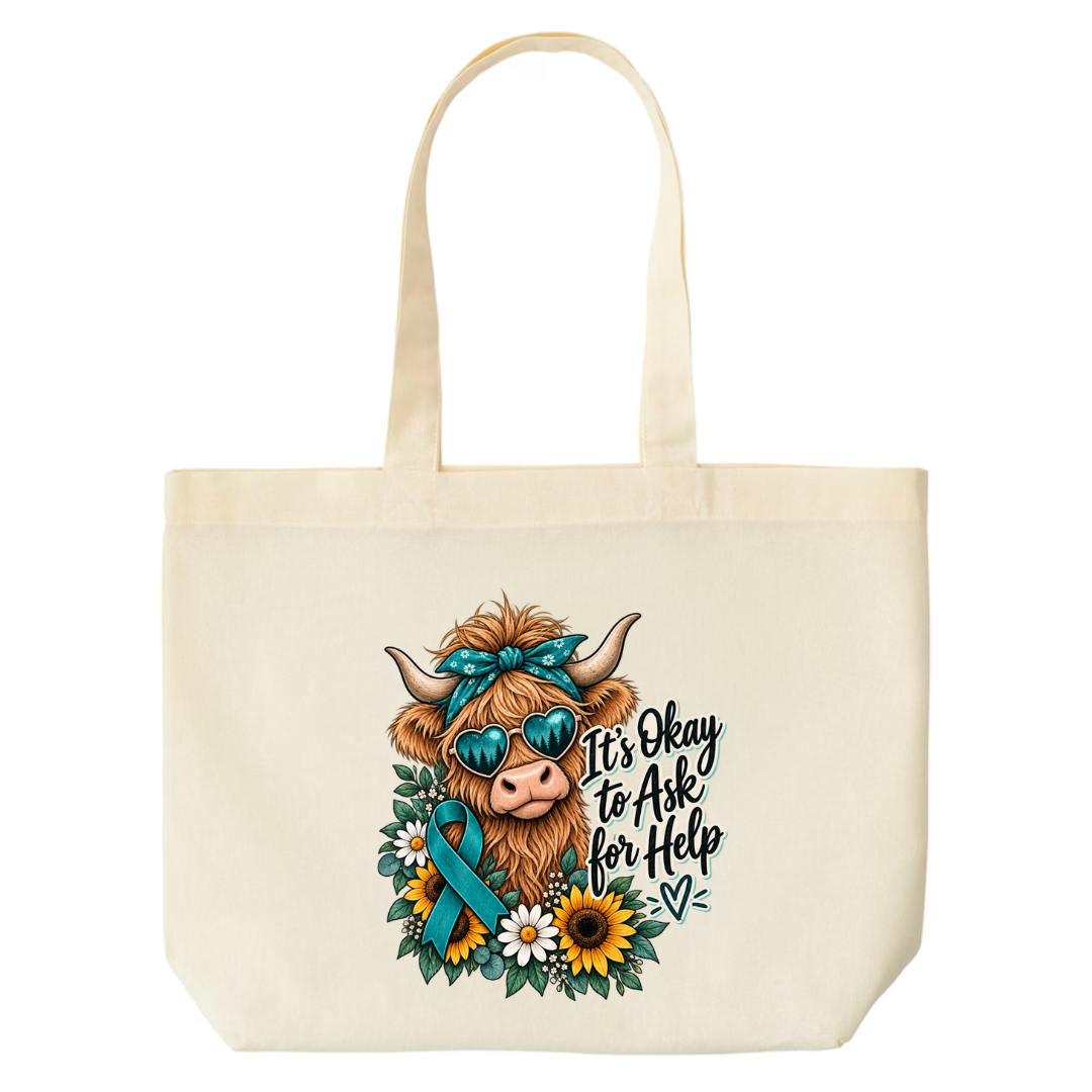 It's Okay to Ask for Help design on natural canvas tote