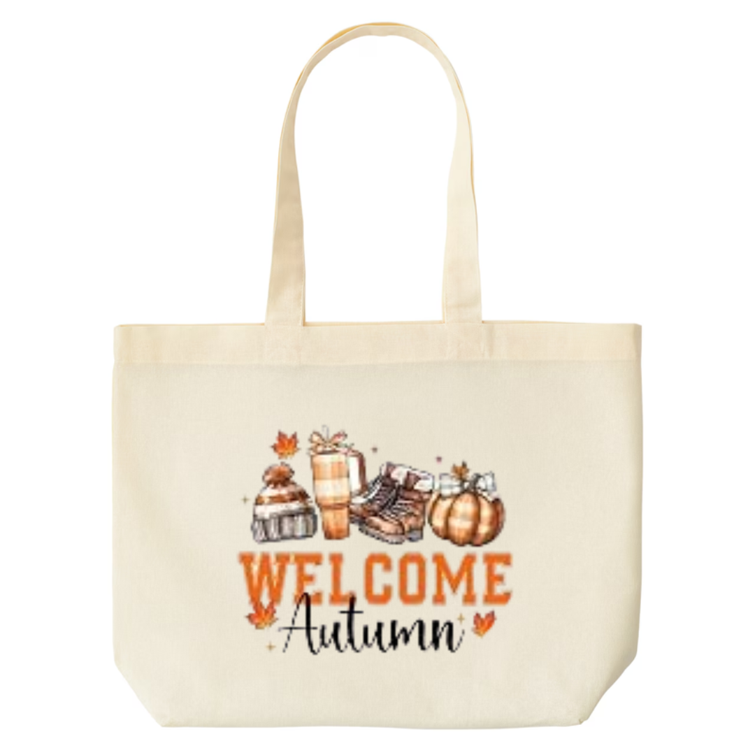 Welcome Autumn design on natural canvas tote