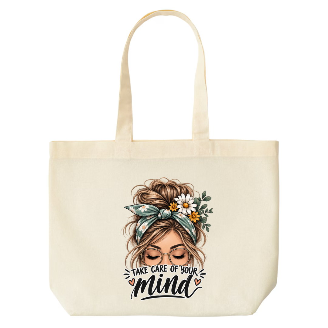 Take Care of Your Mind design on natural canvas tote