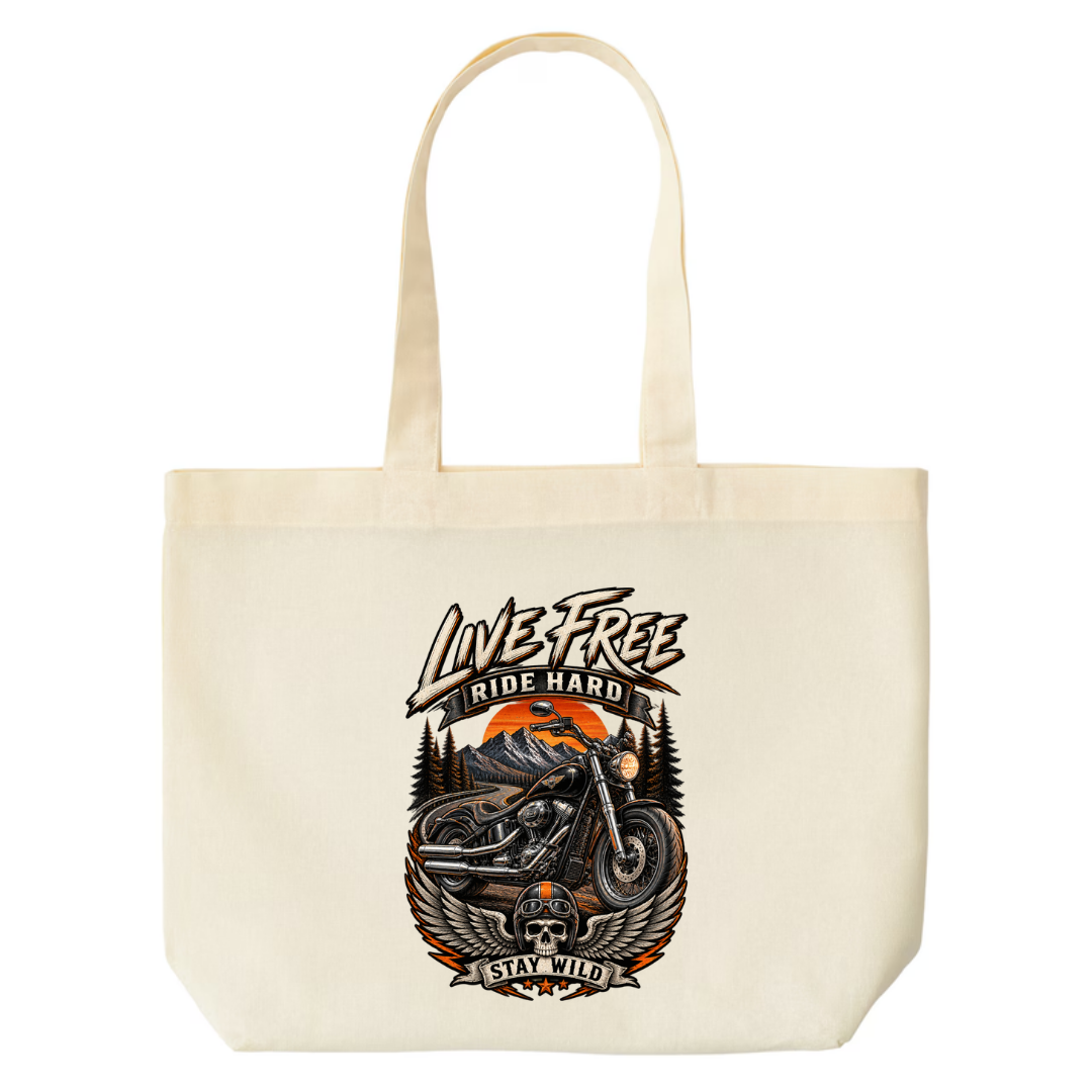 Live Free Ride Hard design on natural canvas tote