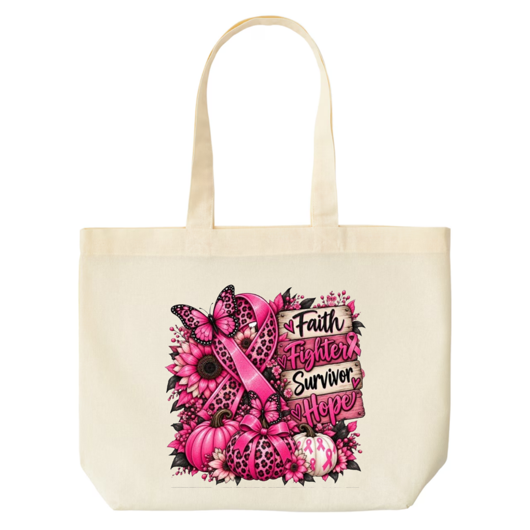 Faith Fighter Survivor Hope design on natural canvas tote