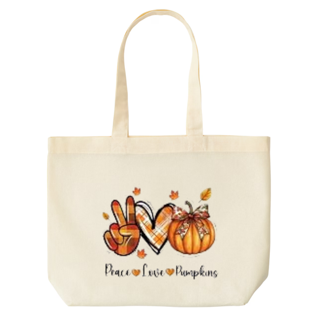 Peace Love Pumpkins design on natural canvas tote