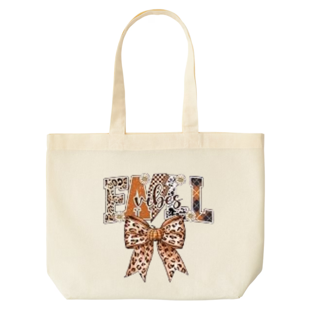 Fall Vibes design on natural canvas tote