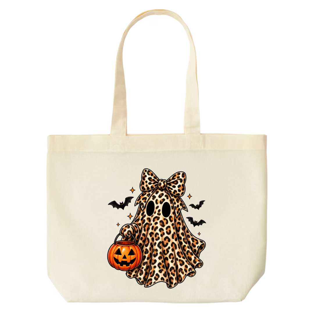 Leopard Ghost With Pumpkin Pail design on natural canvas tote