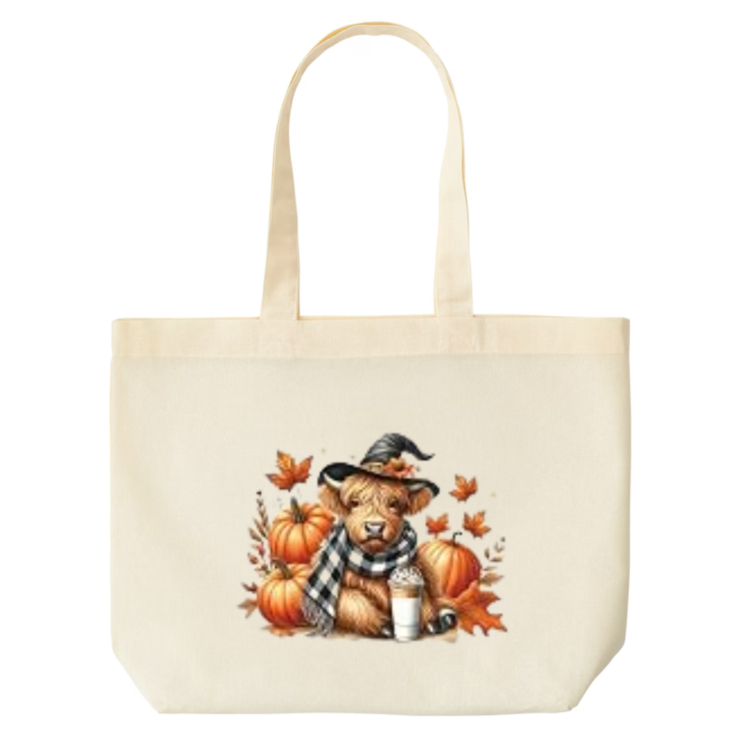 Cozy Highland Cow design on natural canvas tote