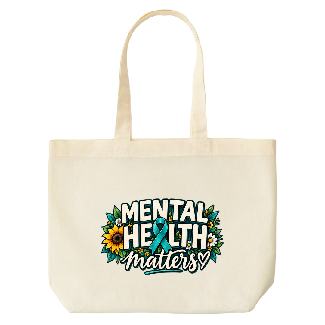 Mental Health Matters — Teal Ribbon design on natural canvas tote