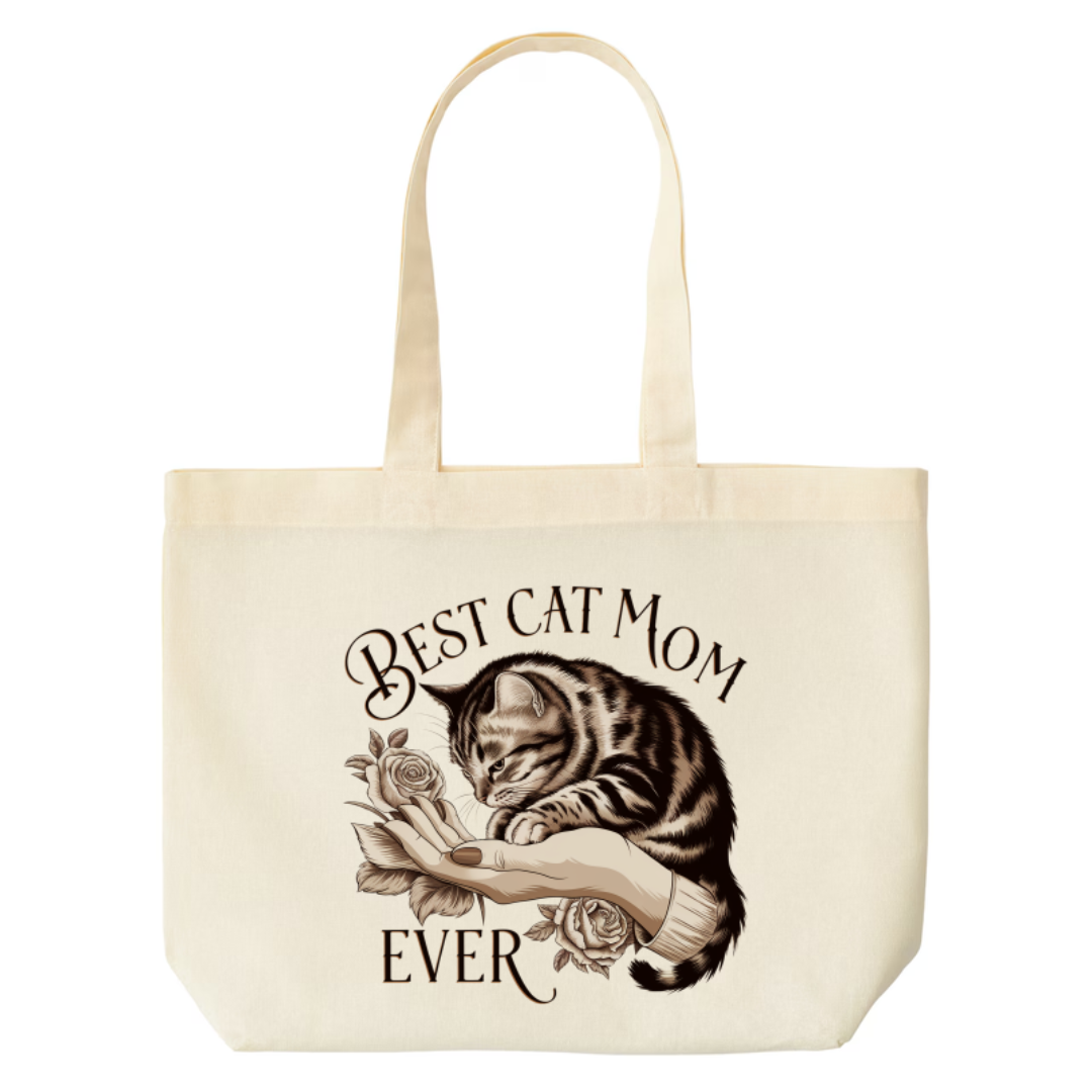 Best Cat Mom Ever design on natural canvas tote