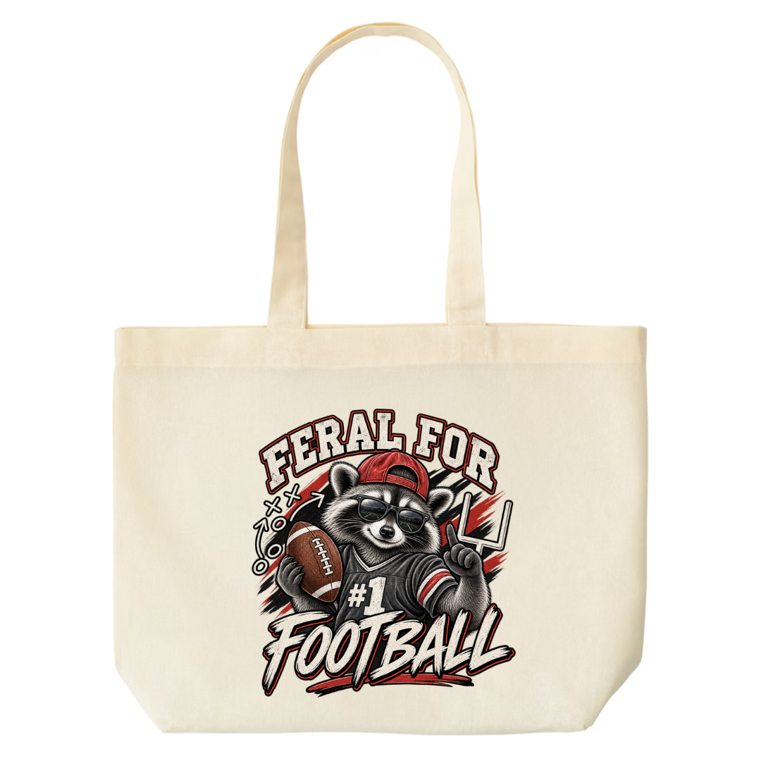 Feral For Football — Varsity Red design on natural canvas tote