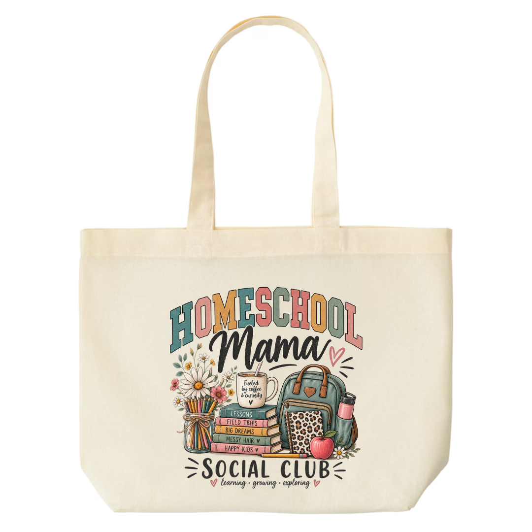 Homeschool Mama Social Club design on natural canvas tote