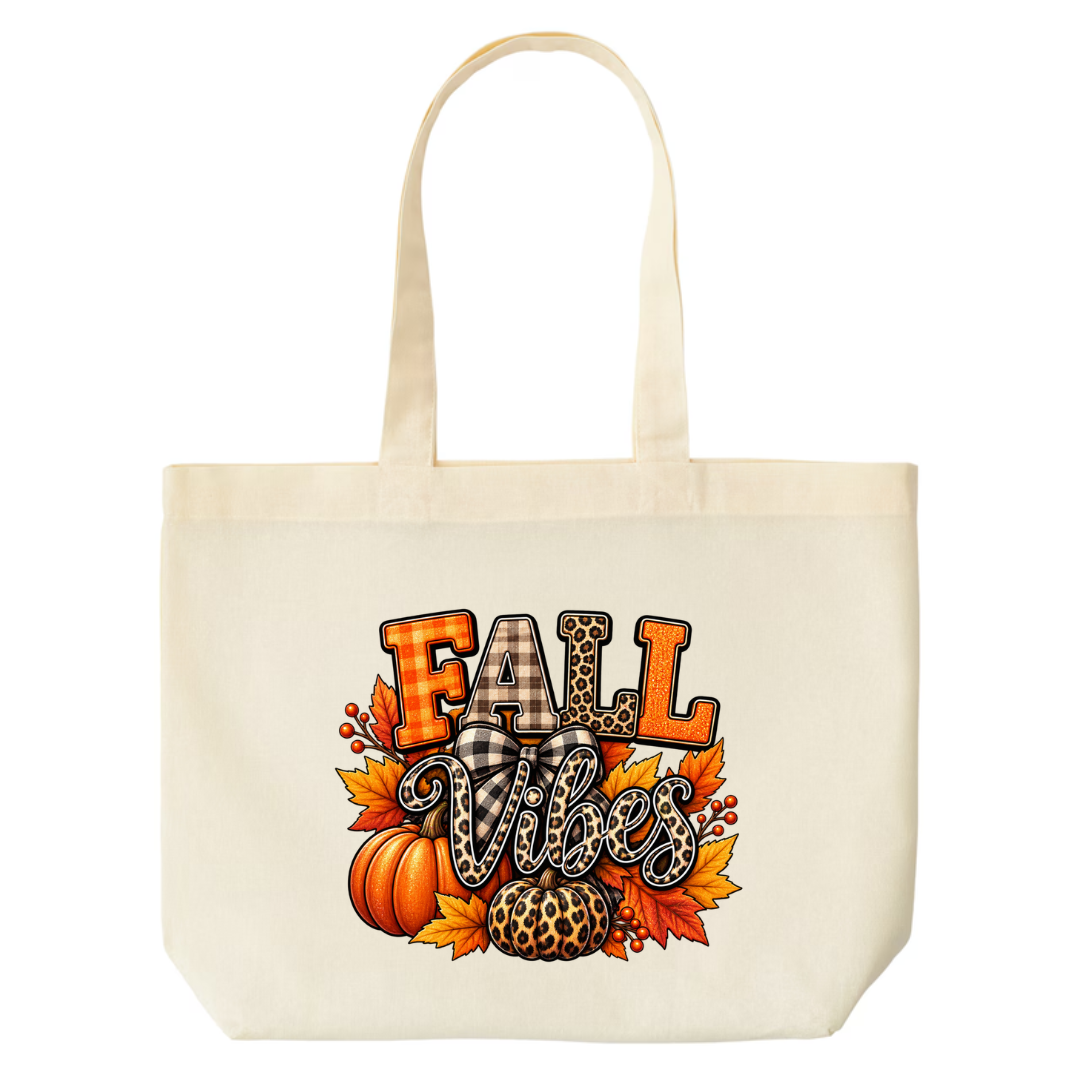 Fall Vibes design on natural canvas tote