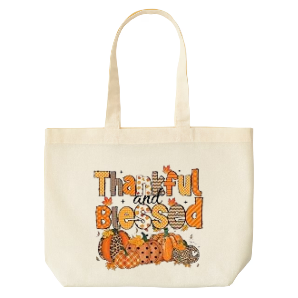 Thankful And Blessed design on natural canvas tote