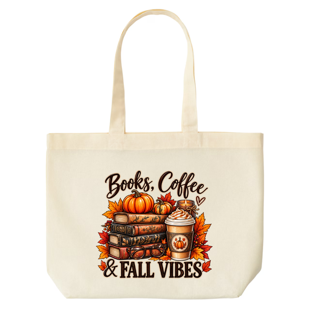 Books Coffee & Fall Vibes design on natural canvas tote
