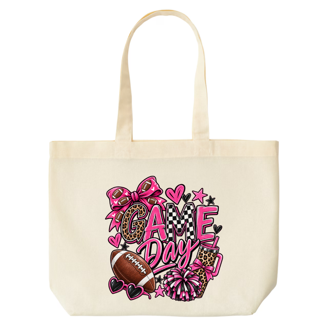 Game Day — Pink Leopard design on natural canvas tote