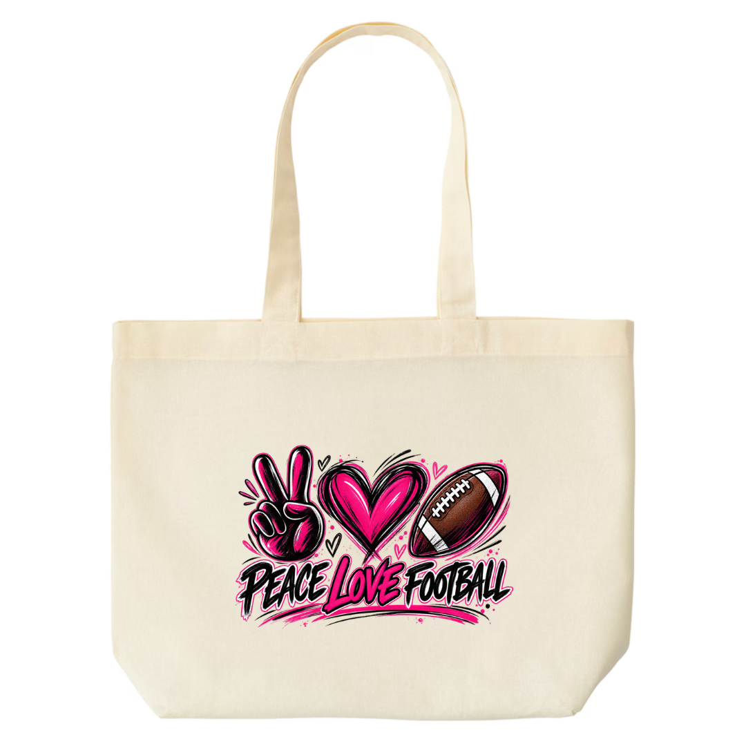 Peace Love Football design on natural canvas tote