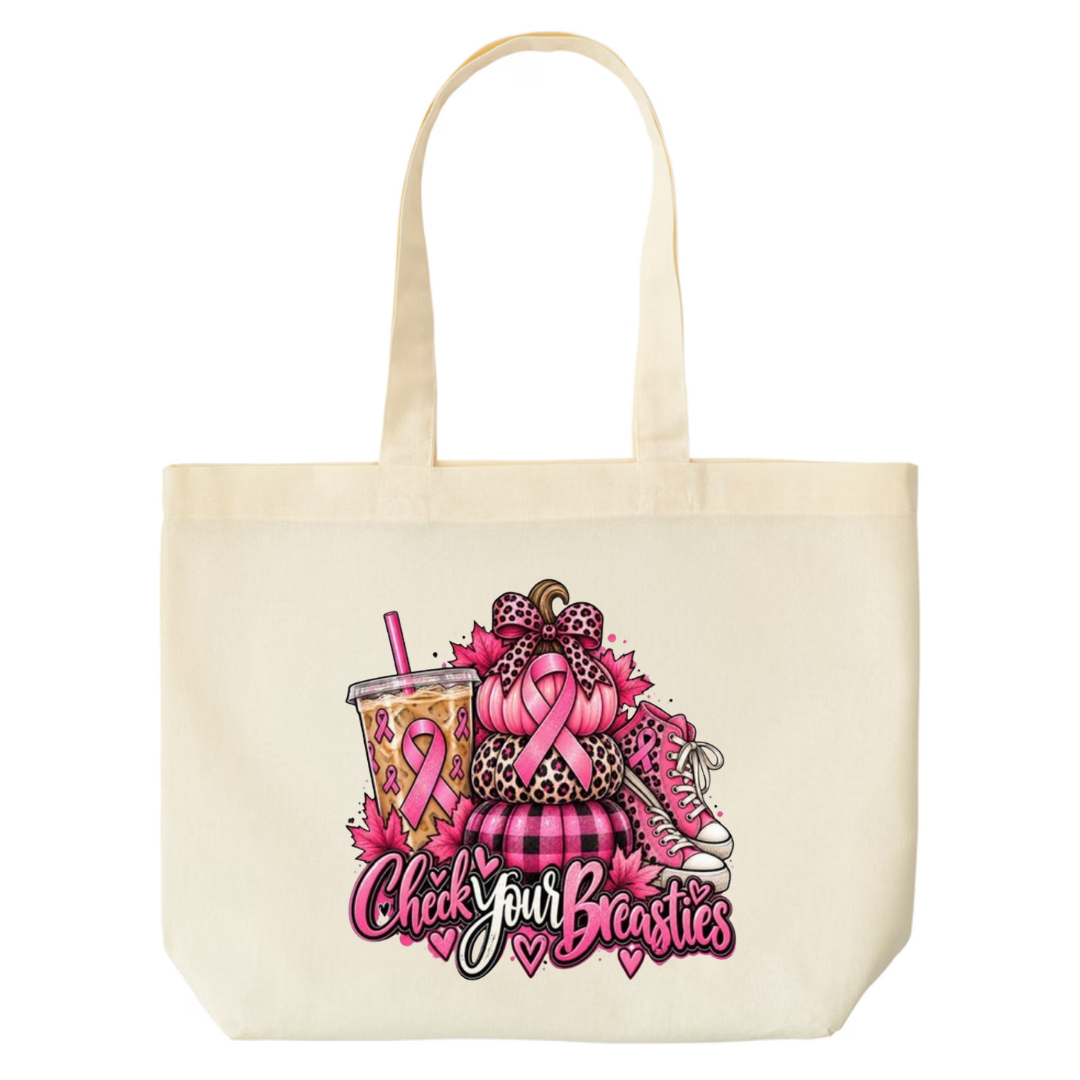 Check Your Breasties design on natural canvas tote