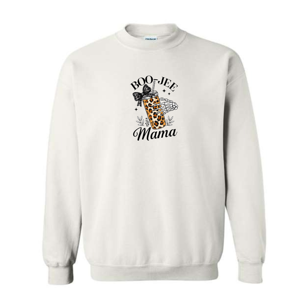 Boo-Jee Mama design on white crewneck sweatshirt