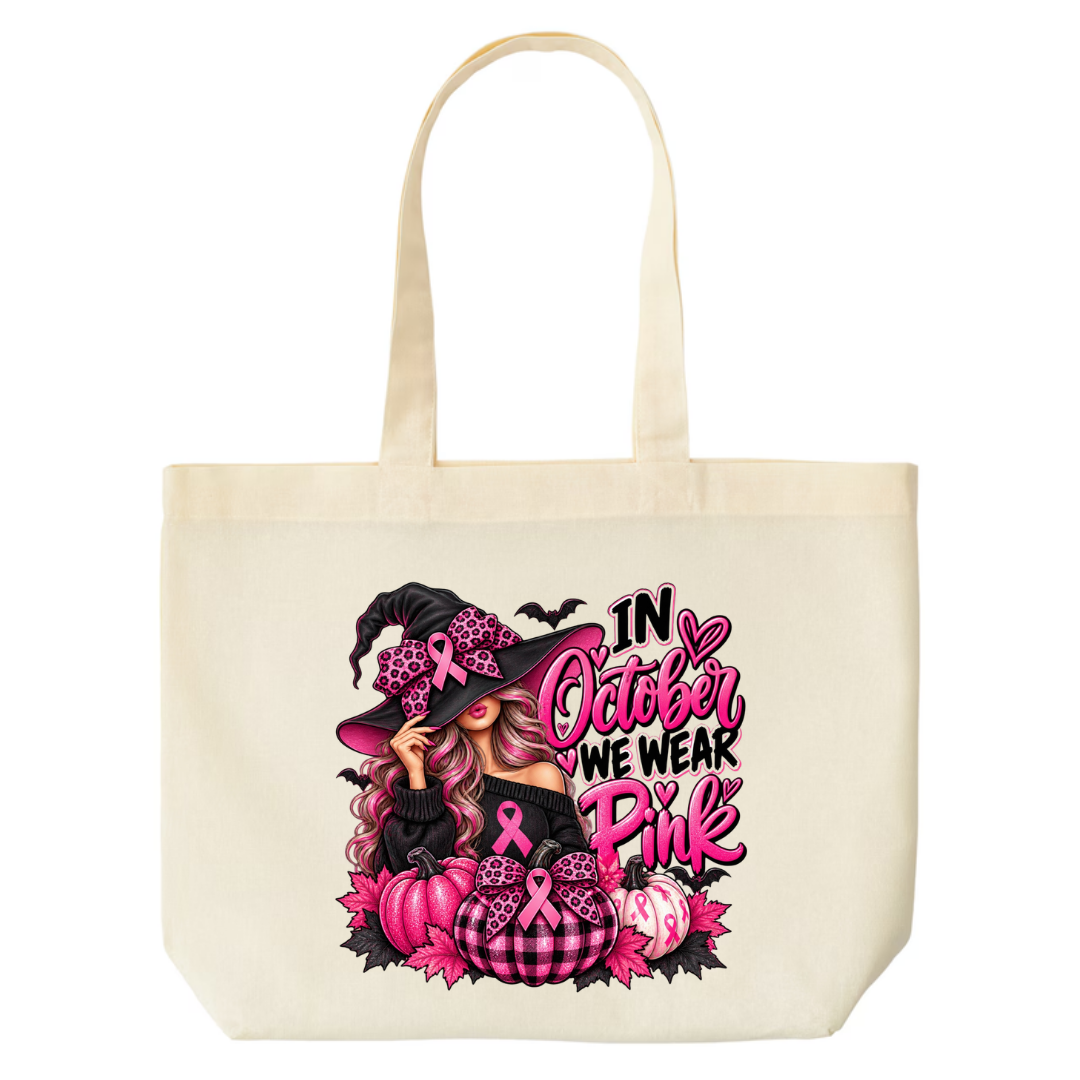 In October We Wear Pink — Witch Hat design on natural canvas tote