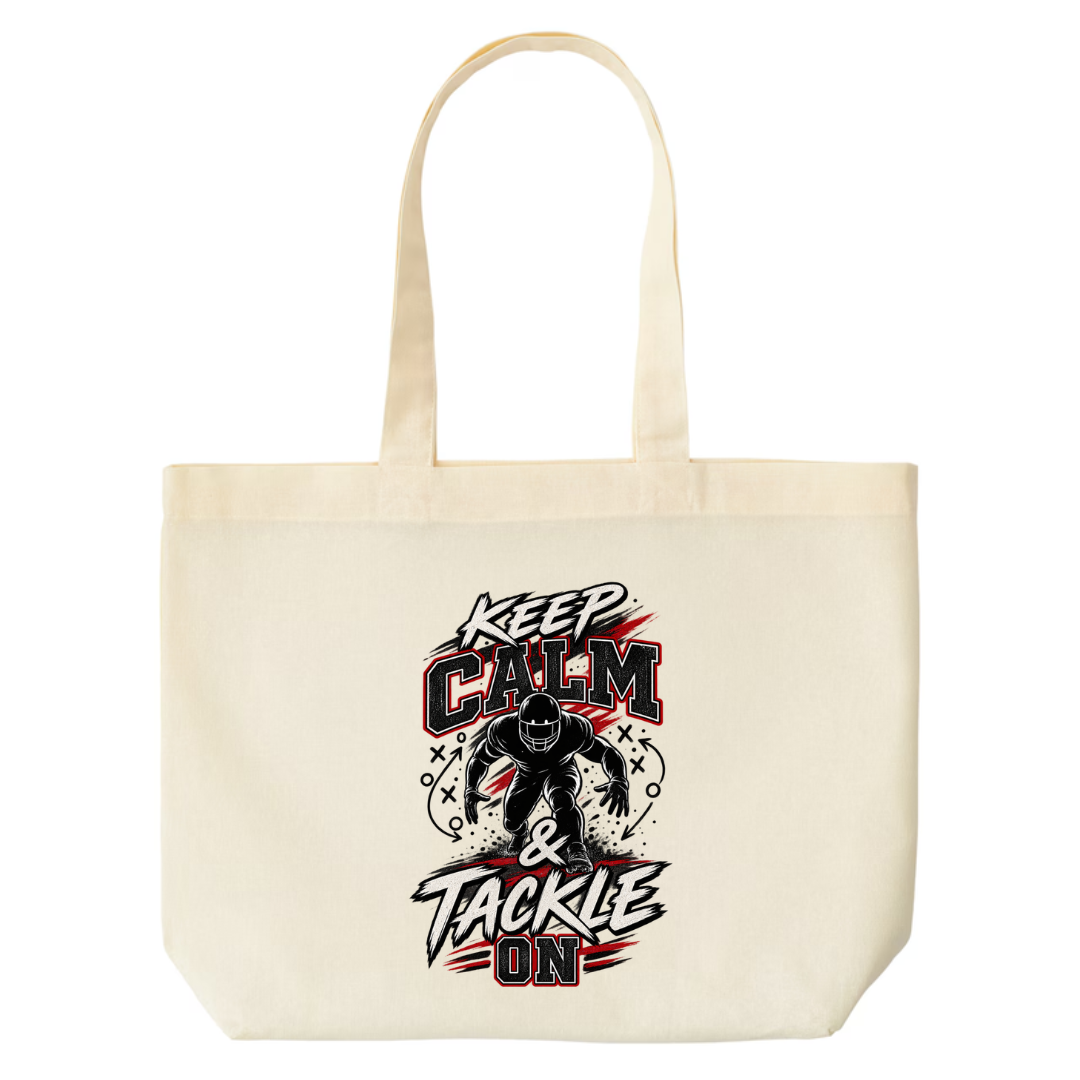 Keep Calm And Tackle On design on natural canvas tote