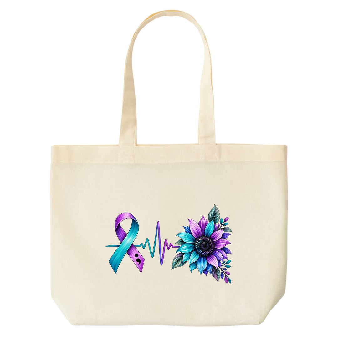 Suicide Prevention Ribbon Sunflower design on natural canvas tote