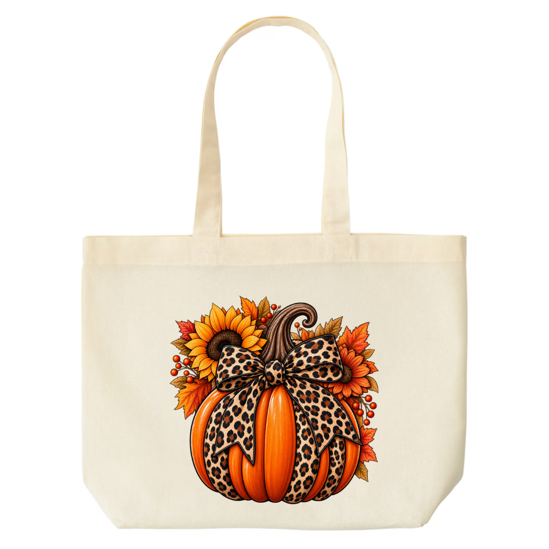 Leopard Pumpkin With Bow design on natural canvas tote