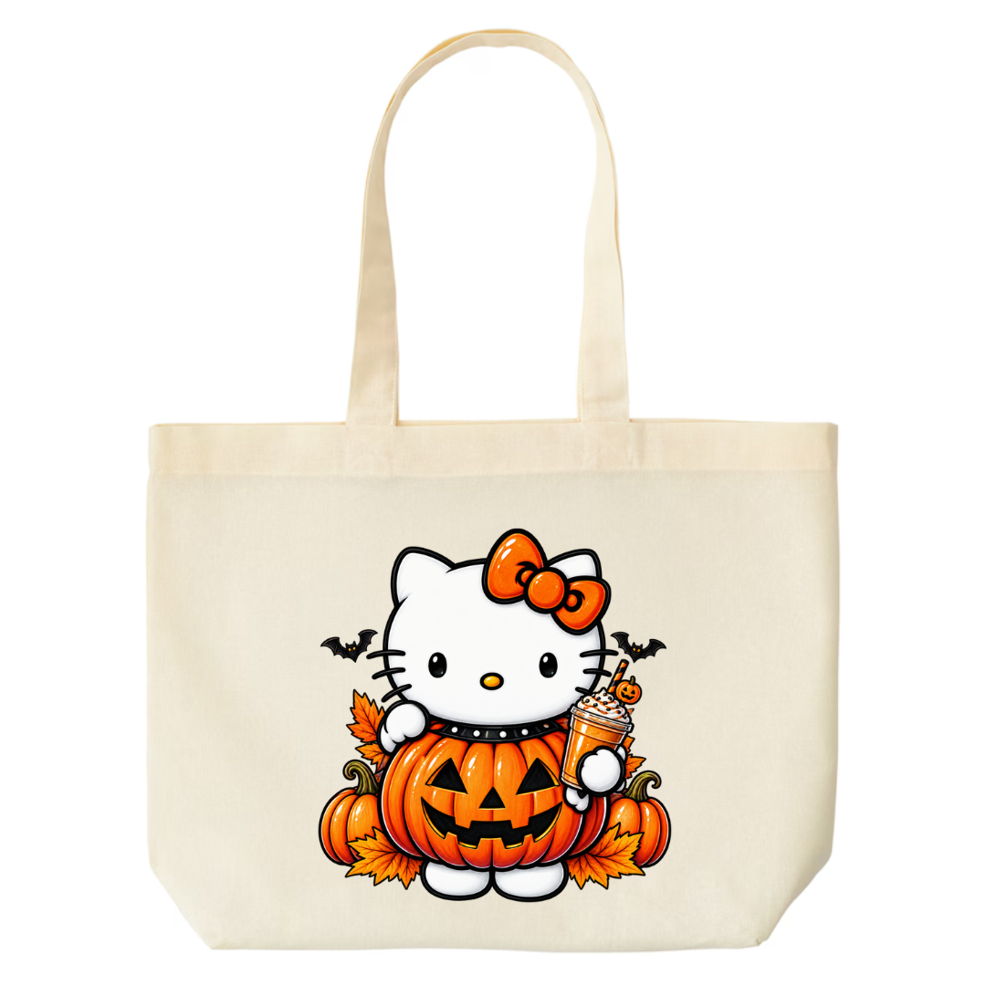 Kitty Pumpkin Latte design on natural canvas tote