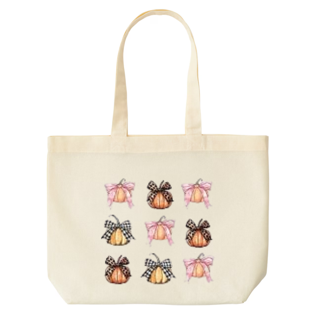 Coquette Pumpkin Bows design on natural canvas tote