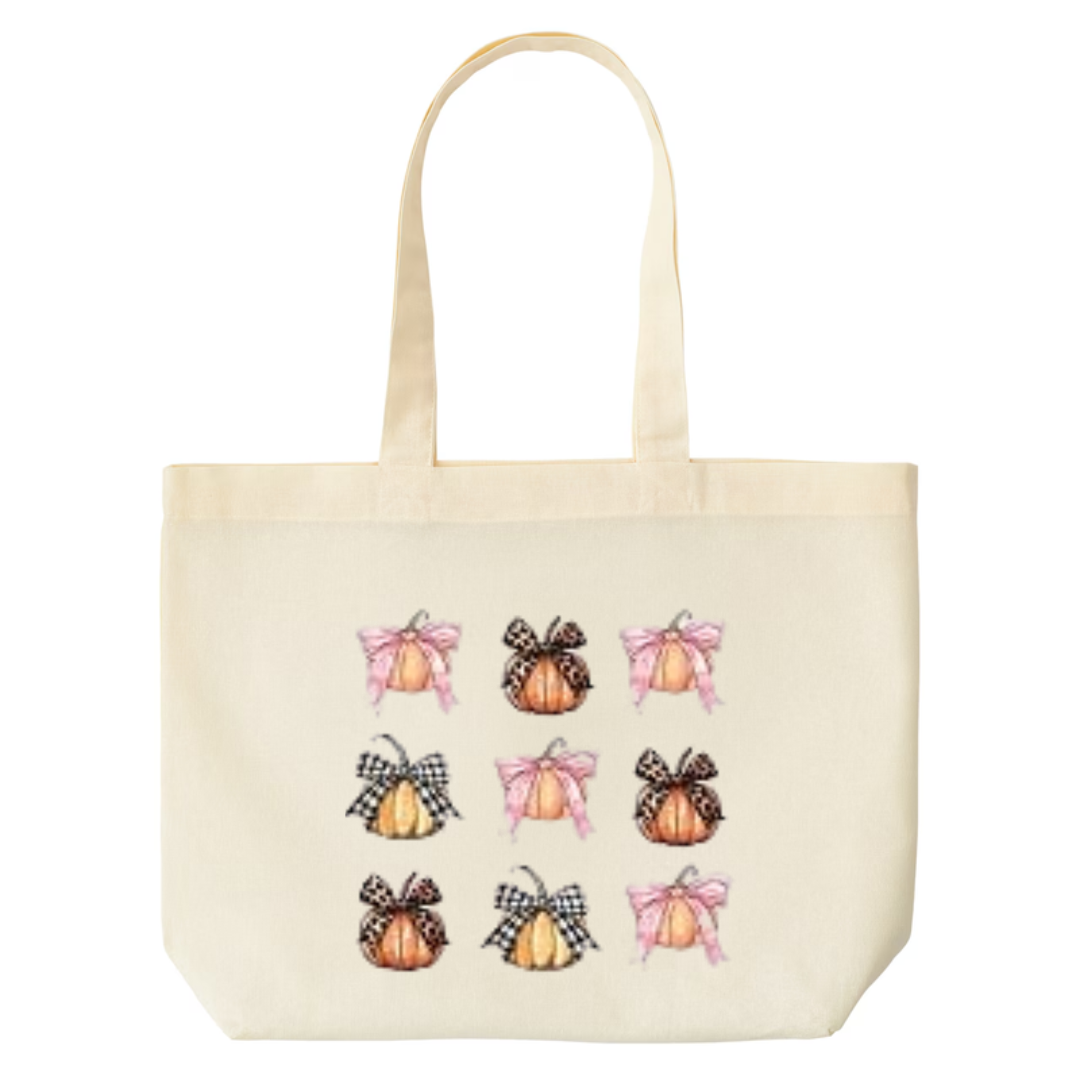 Coquette Pumpkin Bows design on natural canvas tote