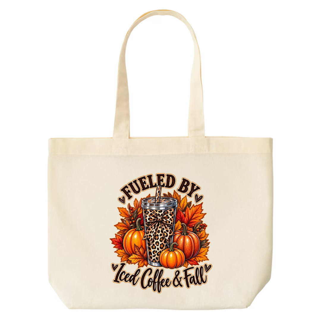 Fueled By Iced Coffee & Fall design on natural canvas tote