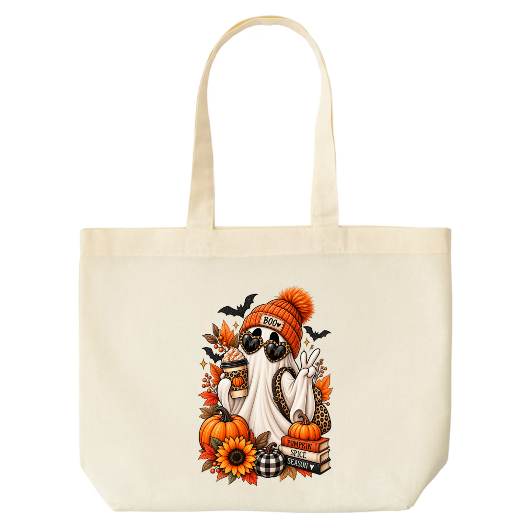 Pumpkin Spice Season Ghost design on natural canvas tote