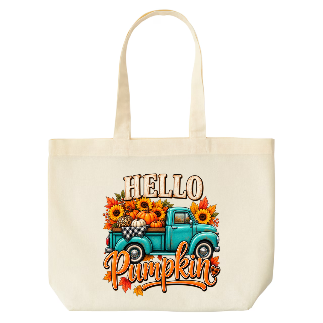 Hello Pumpkin Truck design on natural canvas tote