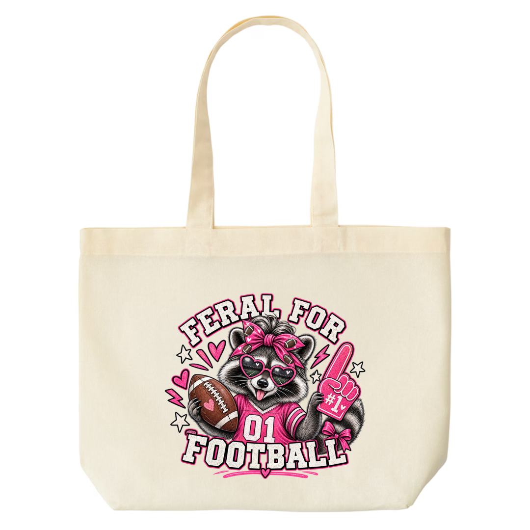 Feral For Football — Pink Cheer design on natural canvas tote