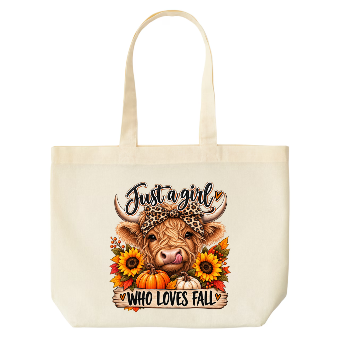 Just A Girl Who Loves Fall design on natural canvas tote