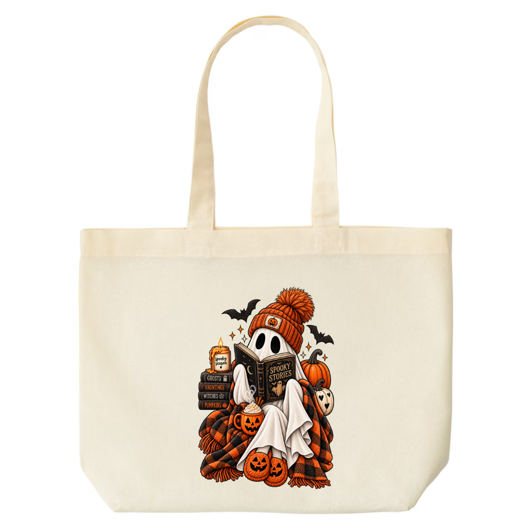 Spooky Stories design on natural canvas tote