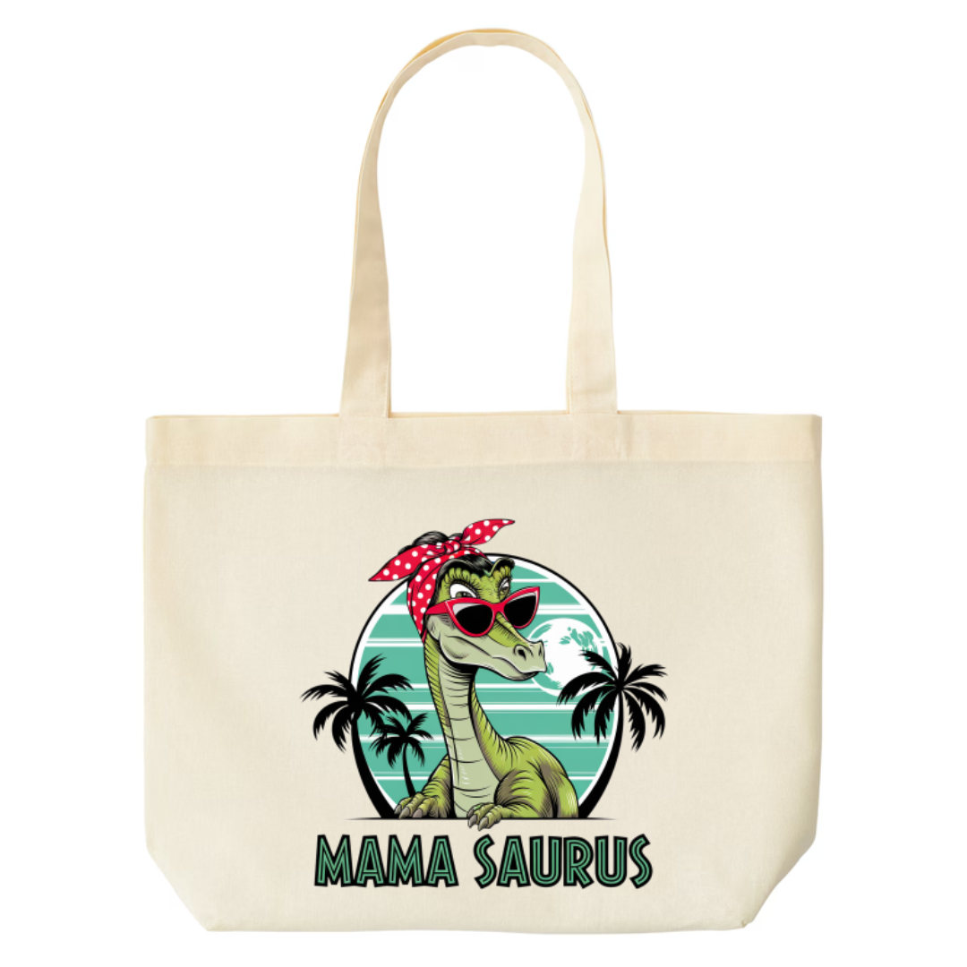 Mama Saurus design on natural canvas tote