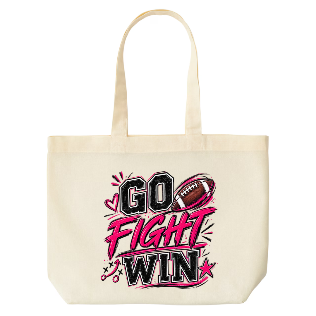 Go Fight Win design on natural canvas tote