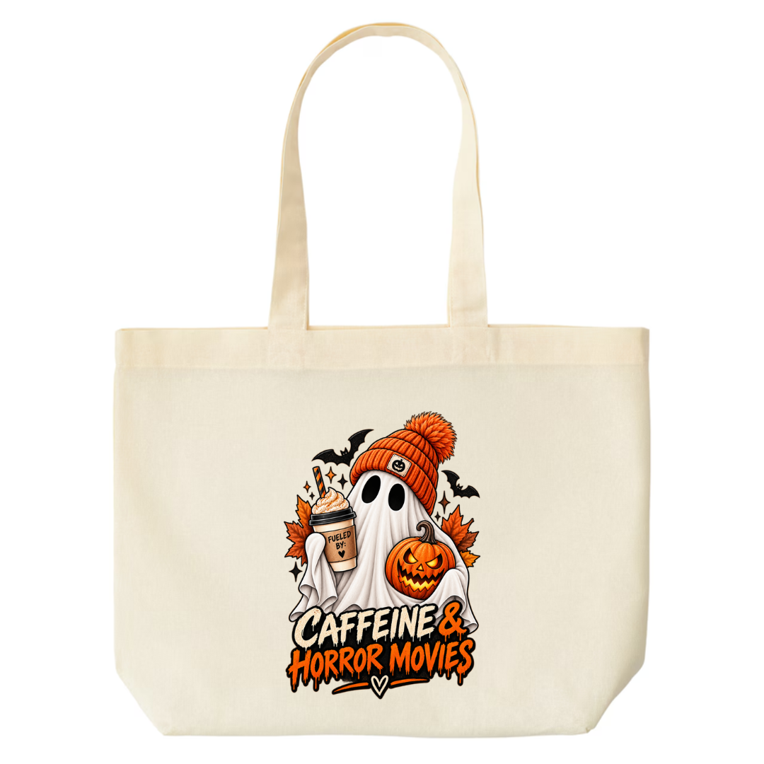 Caffeine & Horror Movies design on natural canvas tote