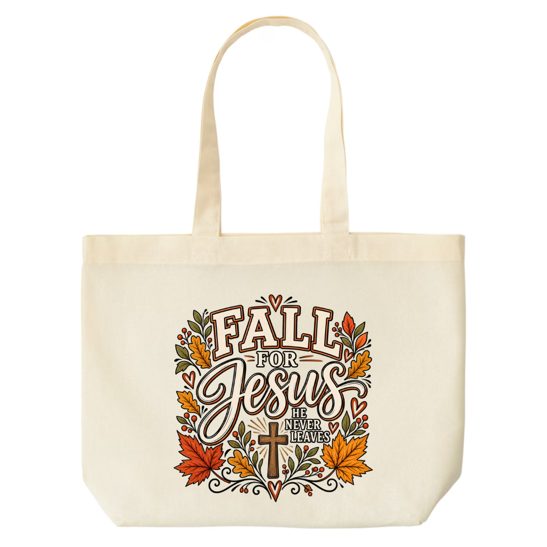Fall For Jesus He Never Leaves — Autumn Leaves design on natural canvas tote
