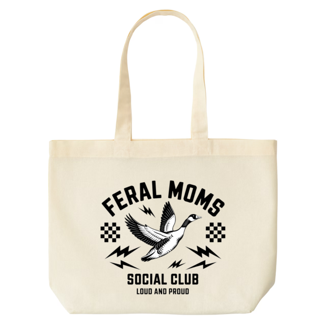 Feral Moms Social Club design on natural canvas tote