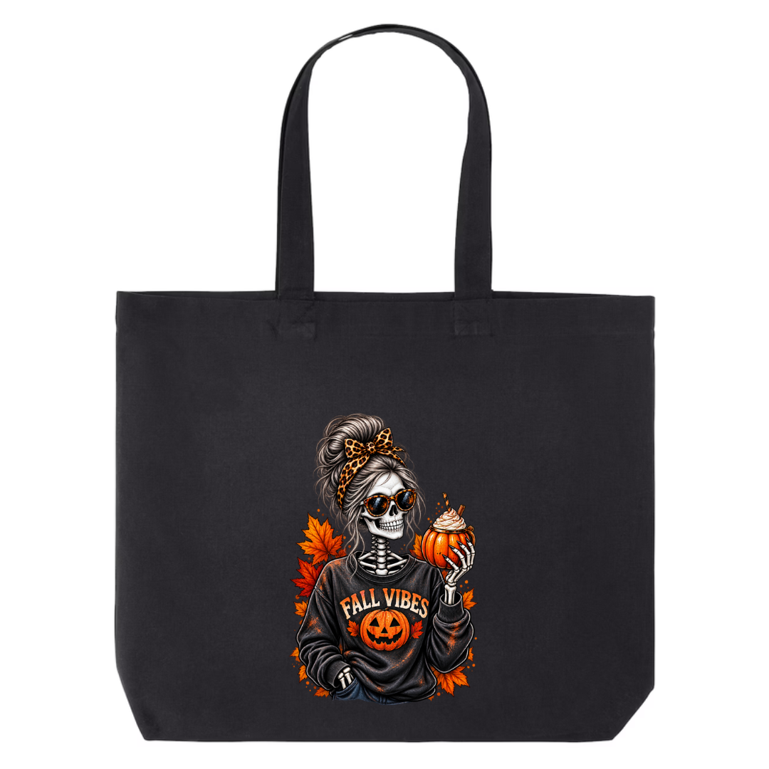 Fall Vibes Skeleton design on black canvas tote