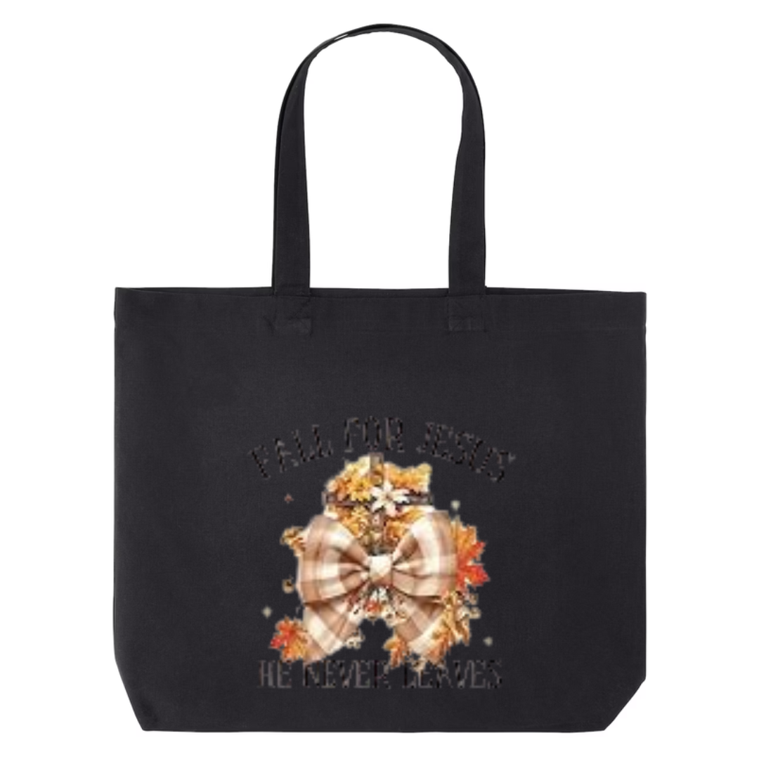Fall For Jesus He Never Leaves design on black canvas tote