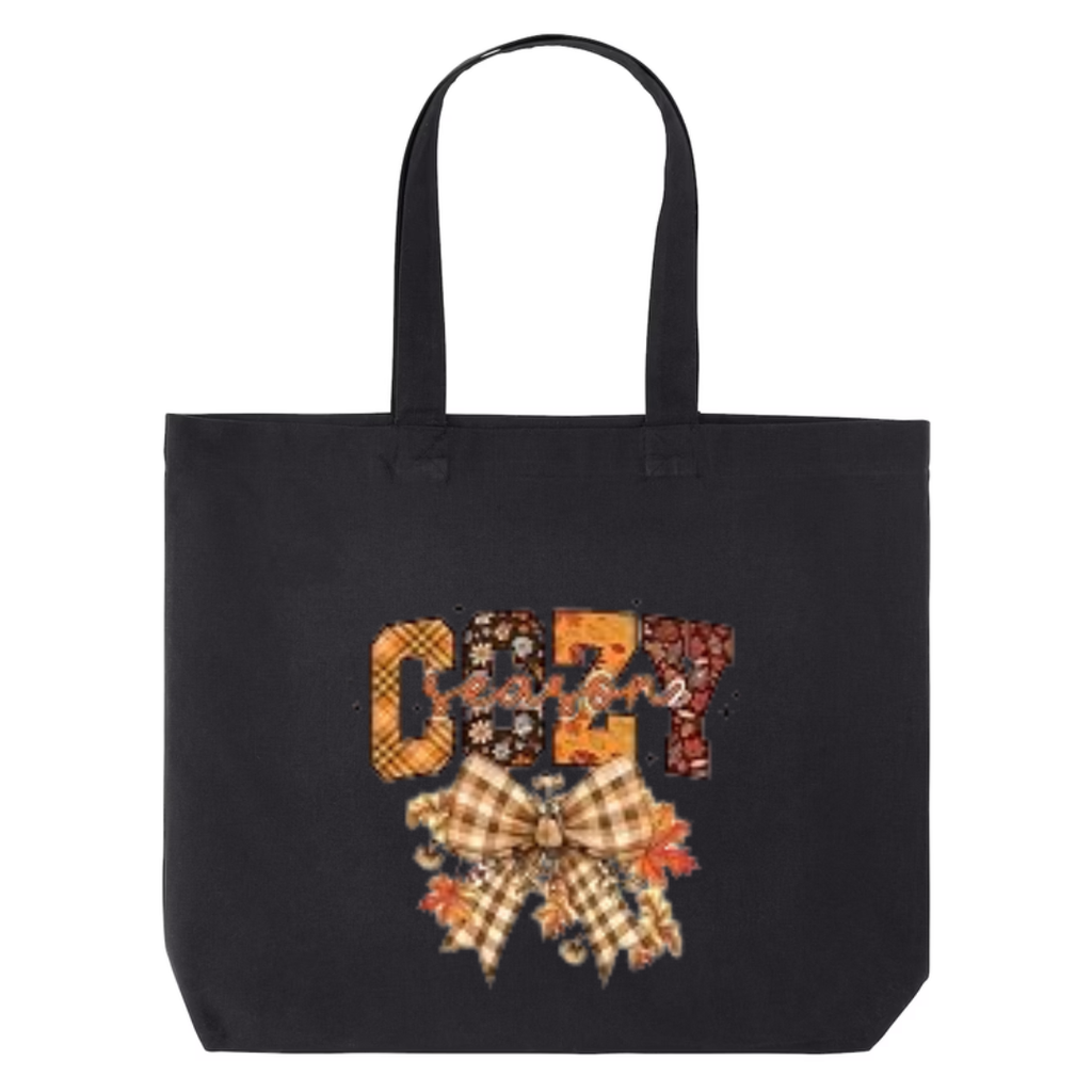 Cozy Season design on black canvas tote