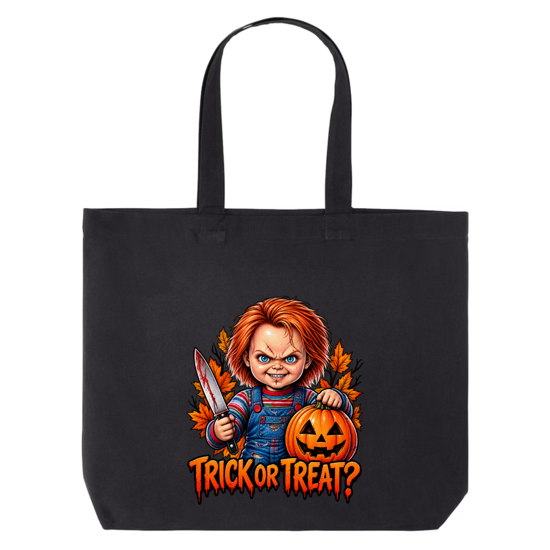 Trick Or Treat design on black canvas tote