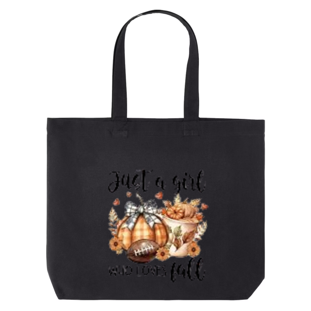 Just A Girl Who Loves Fall design on black canvas tote
