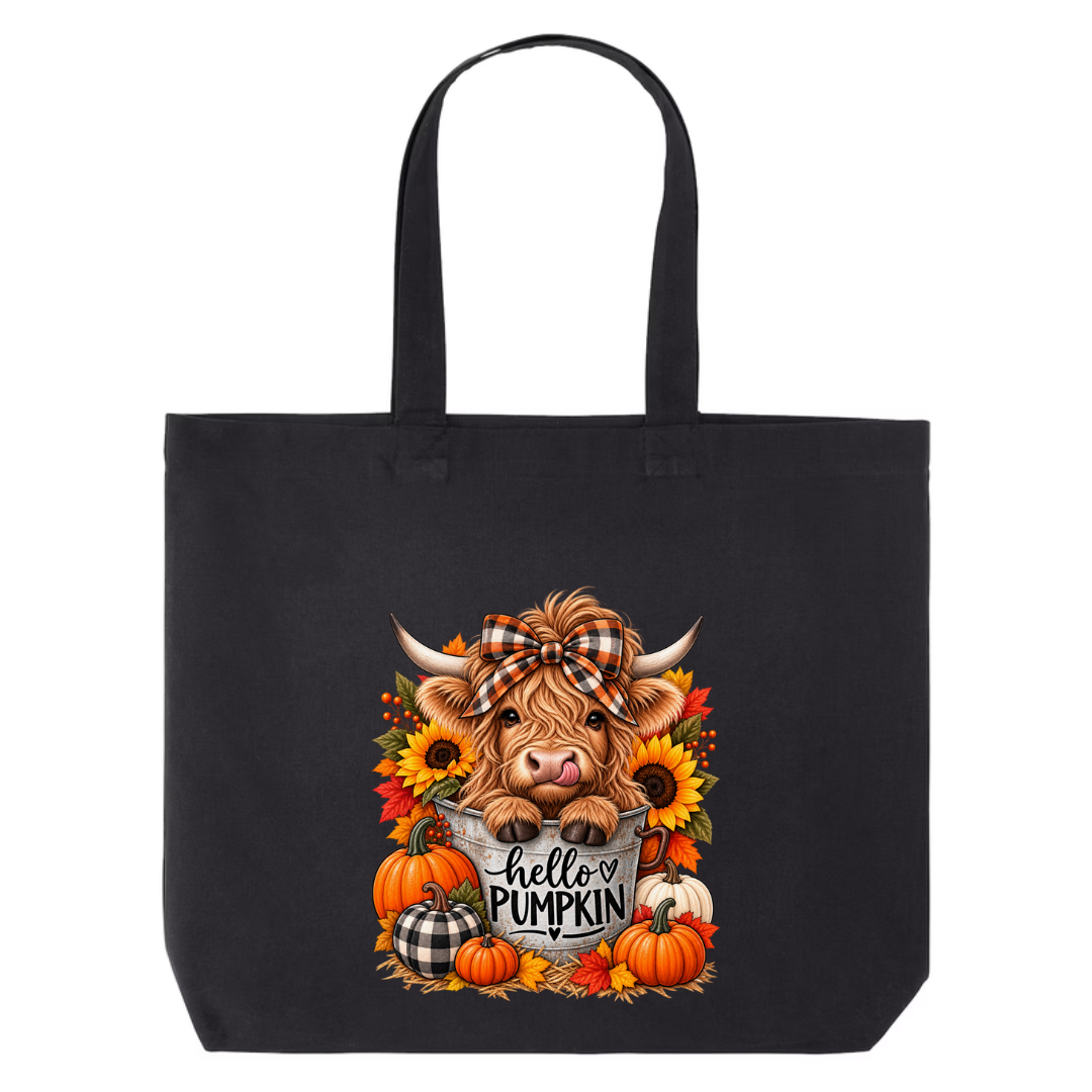 Hello Pumpkin Highland Cow design on black canvas tote