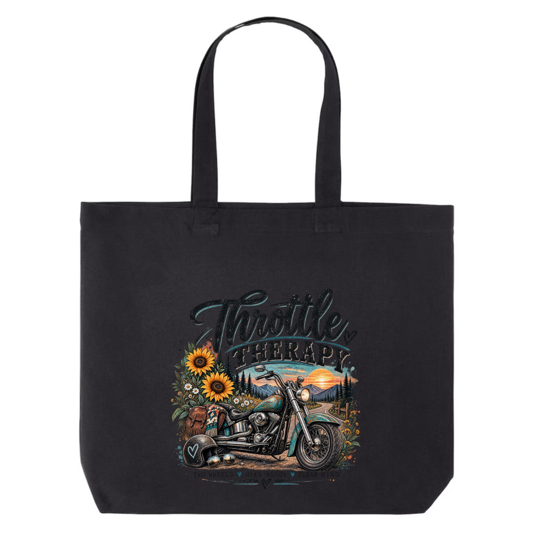 Throttle Therapy design on black canvas tote