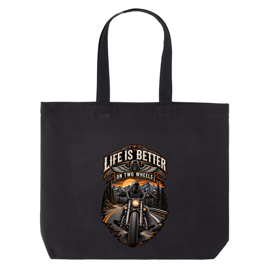 Life Is Better On Two Wheels design on black canvas tote