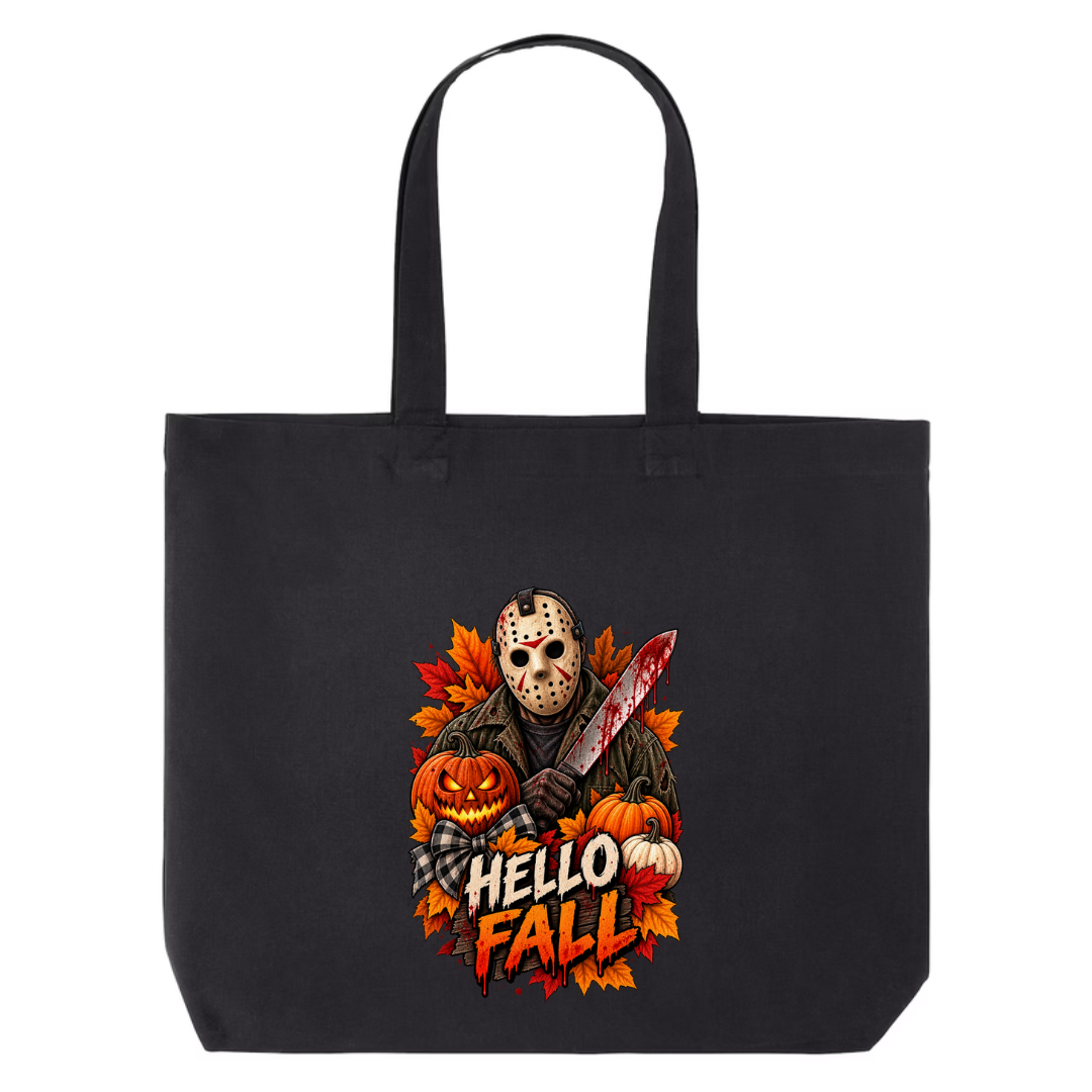 Hello Fall design on black canvas tote